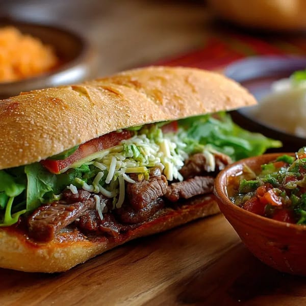 A Junbuggies Grill Mexican torta with steak, lettuce, cheese, and salsa on a wooden board.