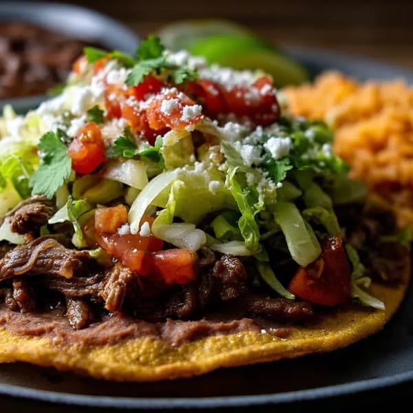 A Junbuggies Grill tostada with shredded beef, beans, lettuce, tomatoes, and cheese.