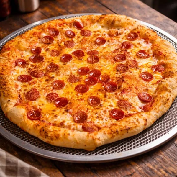 A freshly baked pepperoni pizza with melted cheese on a metal pizza pan.