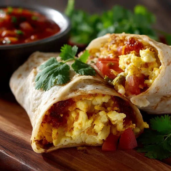 Two breakfast burritos filled with scrambled eggs, tomatoes, and green chilies, with salsa.