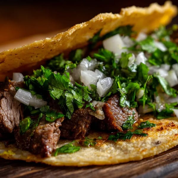 Close-up of a Junbuggies Grill taco with steak, cilantro, and diced onions on a corn tortilla.