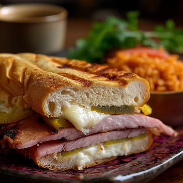 Close-up of a Cuban sandwich with melted cheese, ham, and pickles, served with rice and greens.