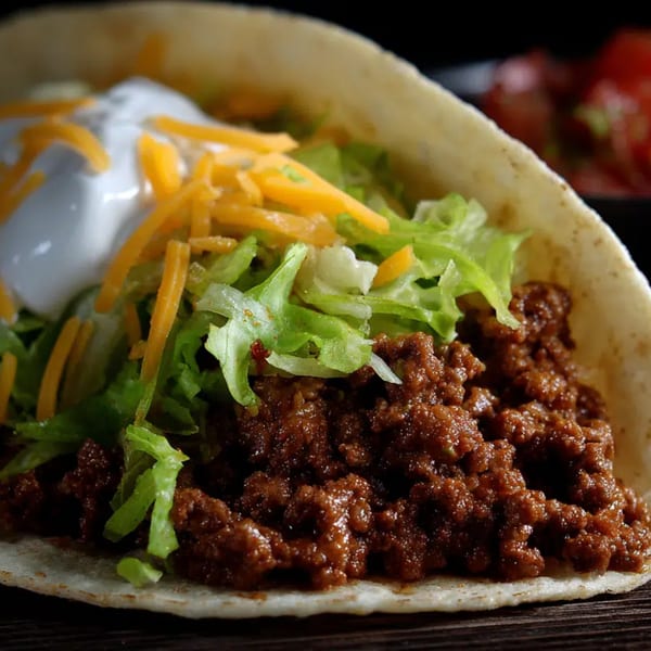 Close-up of a Junbuggies Grill taco with seasoned ground beef, lettuce, shredded cheese, and sour cream.