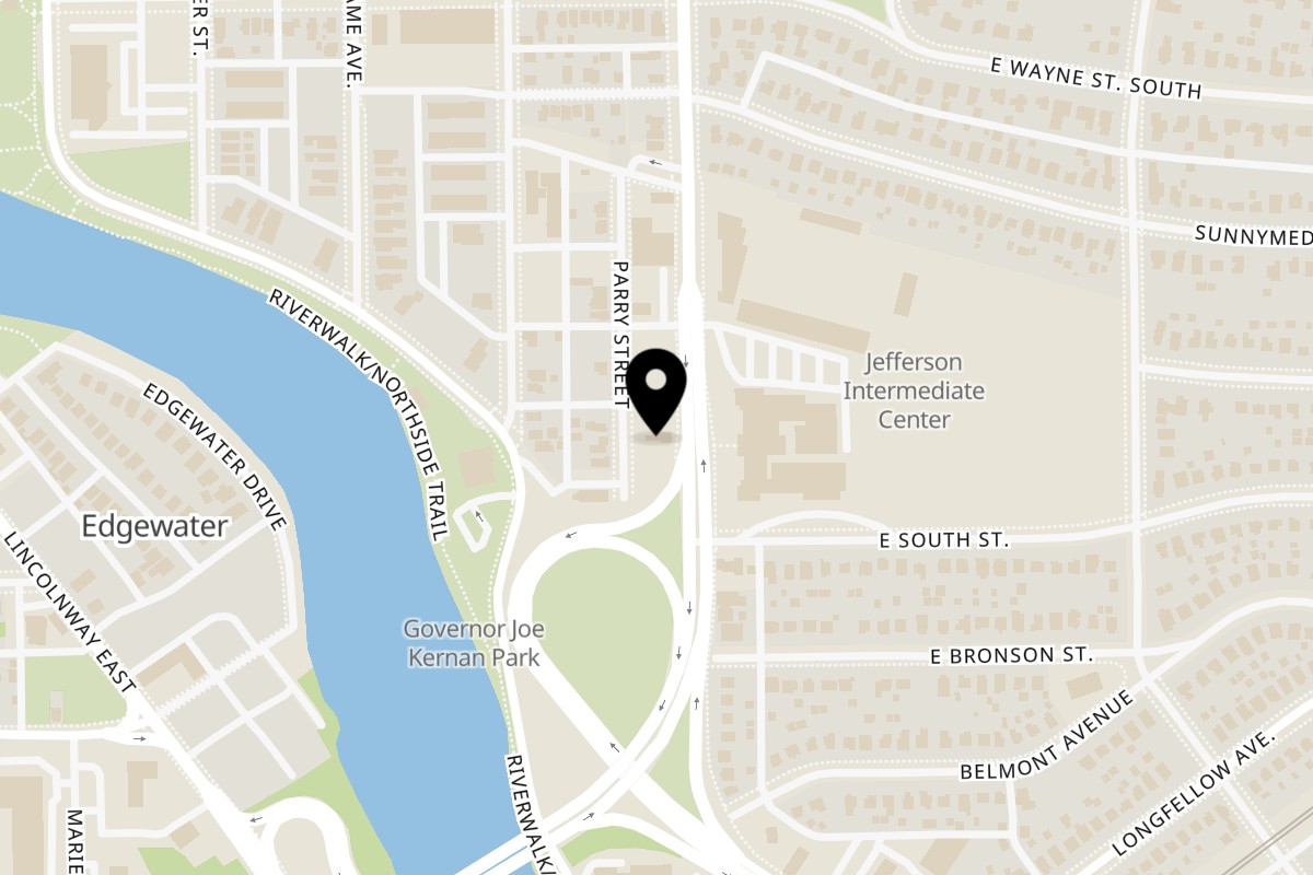Map showing the location of Junbuggies Grill on 525 N Eddy St in South Bend